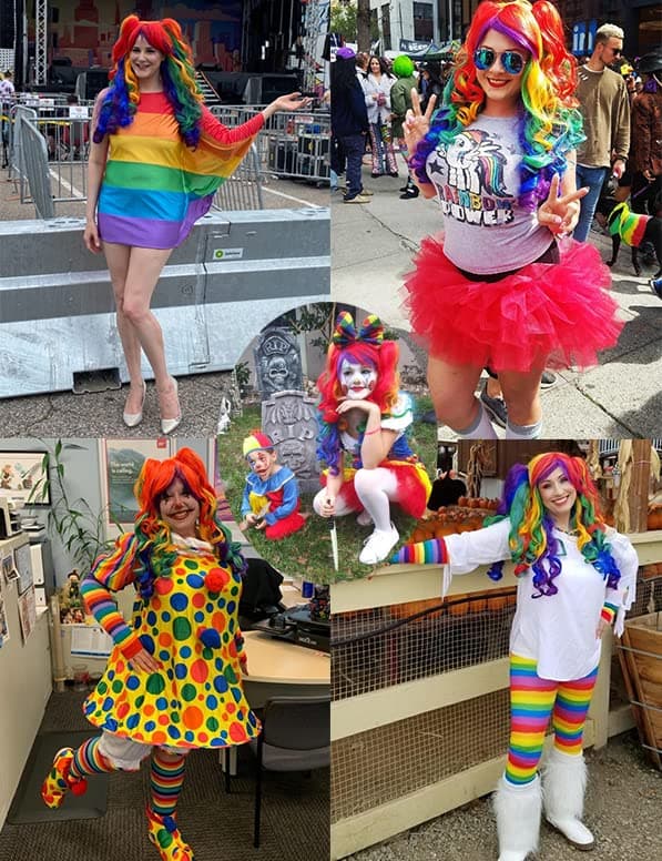 Lang Krøllet Cosplay Paryk med 2 Hestehaler Regnbuefarve