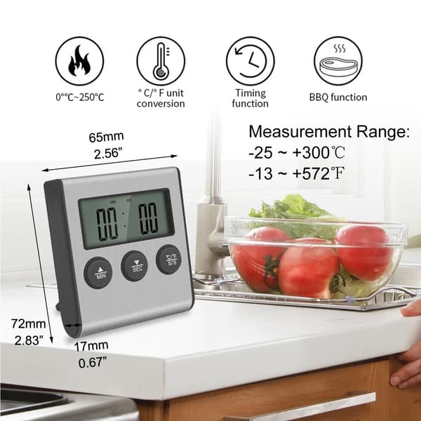 Digitalt madtermometer med probe og timer til madlavning, grillning, ovn, BBQ