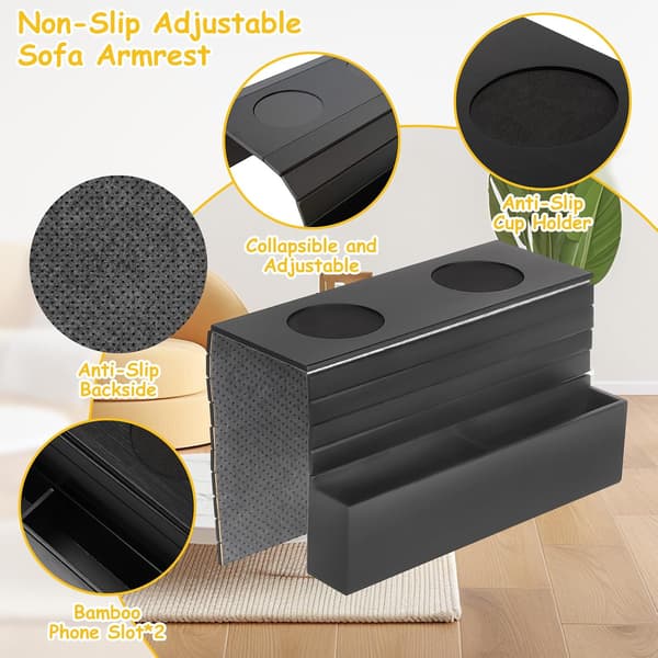 Sofabrett for armlene i tre, sammenleggbart sofabrett for armlene, armlenebordorganisering med 2 lommer og koppholder for drikke og snacks