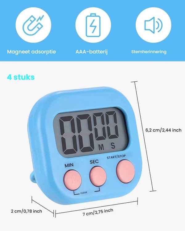 Digital magnetisk kökstimer med LCD-display, högljudd alarm-nedräkningsklocka för matlagning, dusch, lärare, gym och klassrum