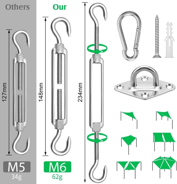 Shade Sail Hardware Kit 304 Rustfrit Stål Solsejl Installationssæt