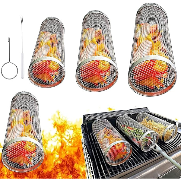 3 stk. Roterende BBQ Kurv, Grillnetkurv i Rustfrit Stål, BBQ Tilbehør til Udendørs Grilning til Udendørs Camping og Picnic Køkkenudstyr BBQ Bur