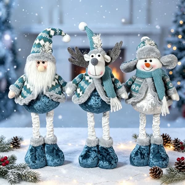 Julepynt Udtrækkelig Julemand Snemand Rensdyr Blå Plyslegetøj Vinduespynt Blue Retractable Snowman