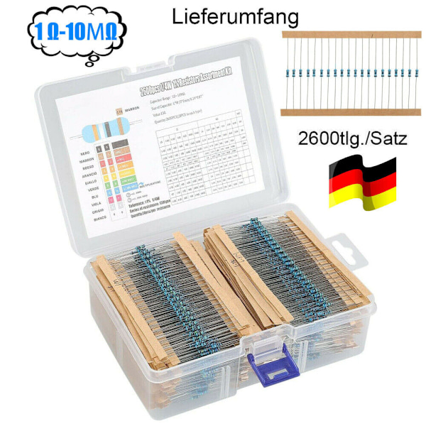 2600 stk. Motstander Metallfilm 1/4W Motstand 1Ω-10MΩ Sortimentsett