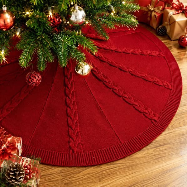 Julerød kabelstrikket juletrefot – Festlig heklet skjørt til julepynt 122cm/48 inches in diameter [Red]