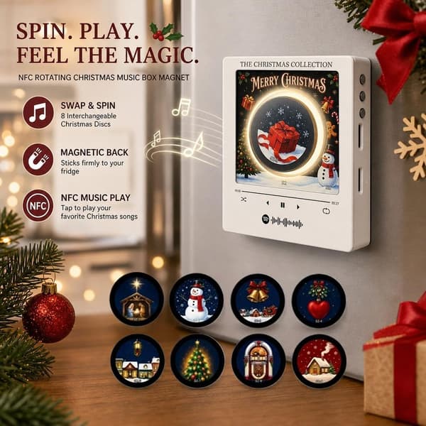 Christmas Vinyl Player Refrigerator Magnet with 9 NFC Discs, LED Lights, Retro Music Decor SNOWMAN