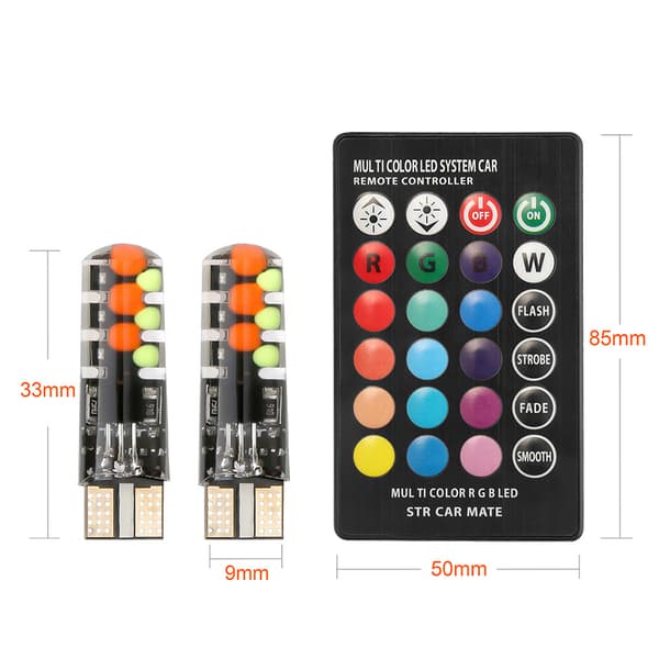 2 stk T10 COB RGB LED 6SMD Bilkilelys Side Multifargede Lyspærer
