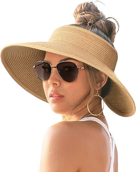 Dame Solhat Bred Skygge UV Beskyttelse Foldbar Sommer Strandhat med Hestehalehul Khaki