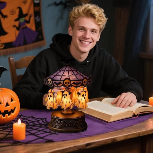 Halloween Ghost Carousel Lights, USB Rechargeable Floating Ghost Night Light, Spooky for Bedroom, Table Lamp