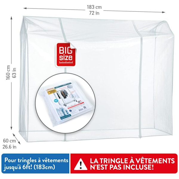 STOR Stort skyddsfodral för klädställning, 152x180x50 cm, transparent vattentät plast, enkel öppning och stängning, ställning ingår ej KLB