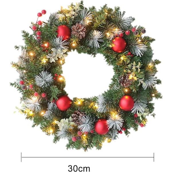 Julkrans för ytterdörren med 20 LED-lampor, PVC-ljuskedja, batteridriven, röd och grön dörrkrans med rosett