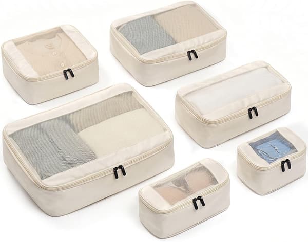 6-delat kompressionskubset, resväska organiseringsväskor, beige