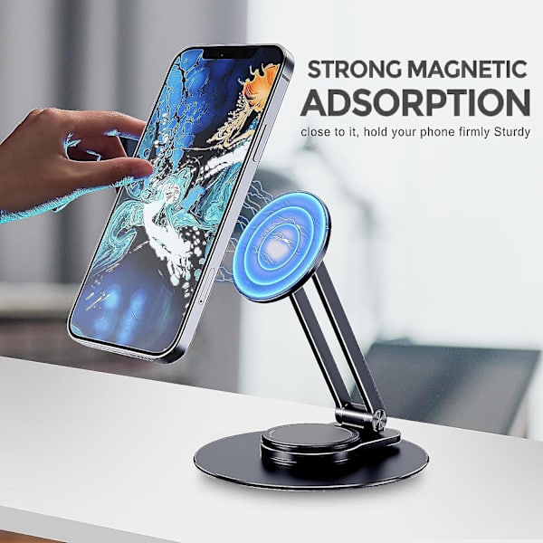 Magnetisk skrivebordsstativ til iPhone 14 13 12-serien, sammenklappelig bærbart aluminiumstativ med 360-graders rotationsbase