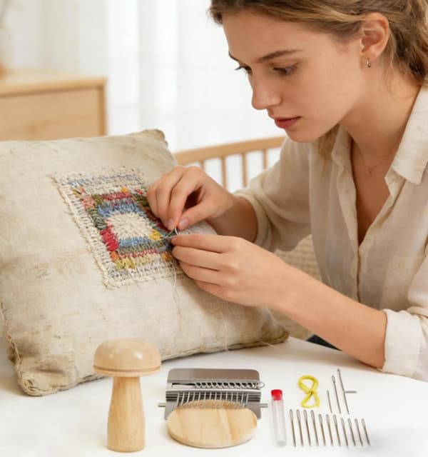 Mini Stoppevevsett - Bærbart veveverktøy for lapping, strikkereparasjon og DIY tekstilkunst