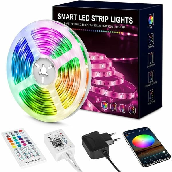 LED-stripe, 15m Multicolor LED-lysstripe, Bluetooth-appkontroll - WELLNGS