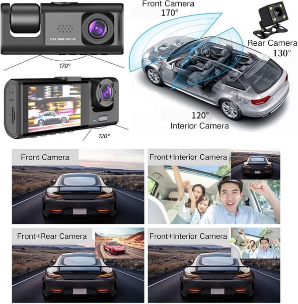 Dash Cam Front, Interiør og Bagside 3 Vidvinkel 32G TF-kort 1080P HD Dashkamera til Bil med Nattesyn 24 Timers Parkeringsmonitor Loop
