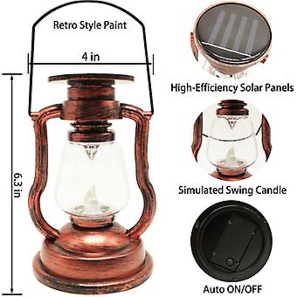 Ulkokäyttöön tarkoitettu aurinkolyhty LED-aurinkovalot Metallinen vedenpitävä riippuvalaisin sisustus (Retro-lamppu-kupari)(FQ)