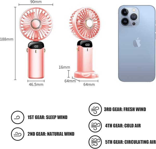 Jsdoin Håndholdt Blæser - USB Genopladelig, 5 Hastigheder, Foldbar, LED-Skærm pink