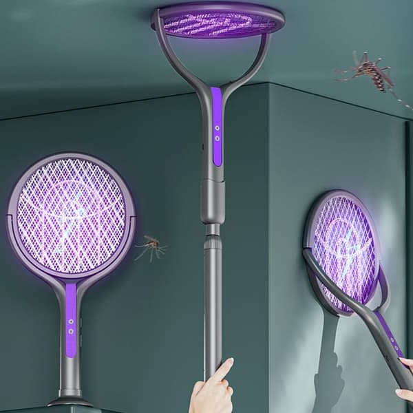 Elektrisk flugsmälla, roterande huvud, 2-i-1 uppladdningsbar elektrisk flugsmälla, BugZapper, insektsfångare, flugfälla, FlyZapper-racket med