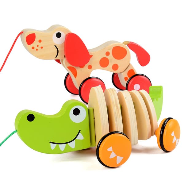 Dragdjur i trä för småbarn, hund och krokodil, tidig inlärning 1-3 år Double-decker
