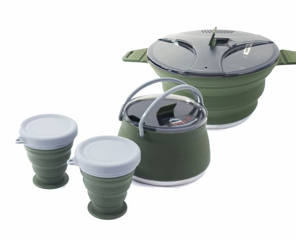 Vikbart campingkärlset i silikon, bärbart utomhuskökskit med non-stick-beläggning för vandring och resor Set 6 Khaki