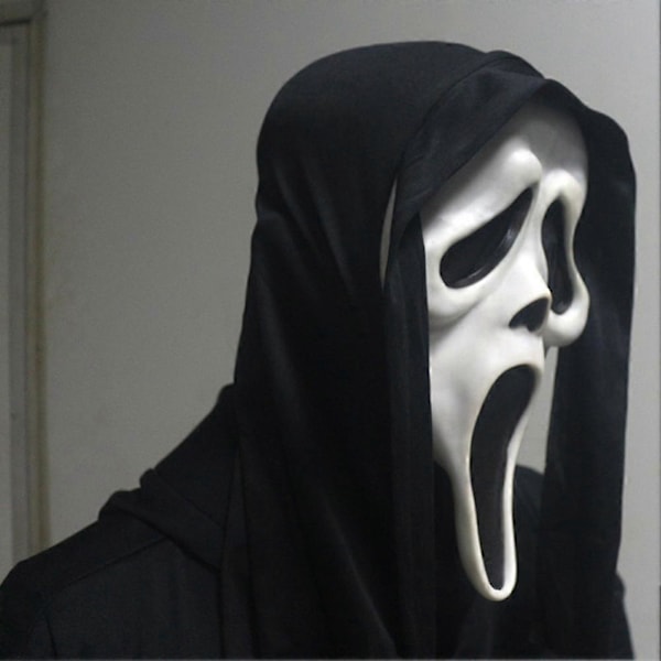 Scream Maske med Sort Hætte Spøgelse Ansigt Halloween Maskerade Tilbehør