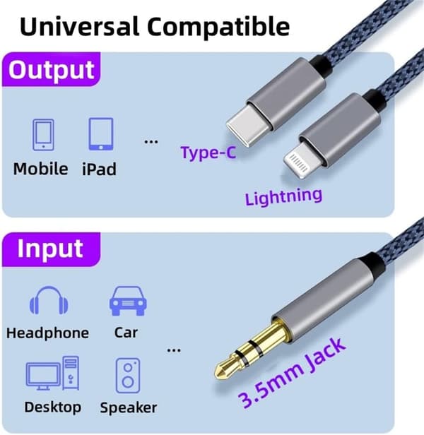 Punottu Nylon USB C & Lightning - 3,5 mm:n Jack Audio Adapter Aux -kaapeli