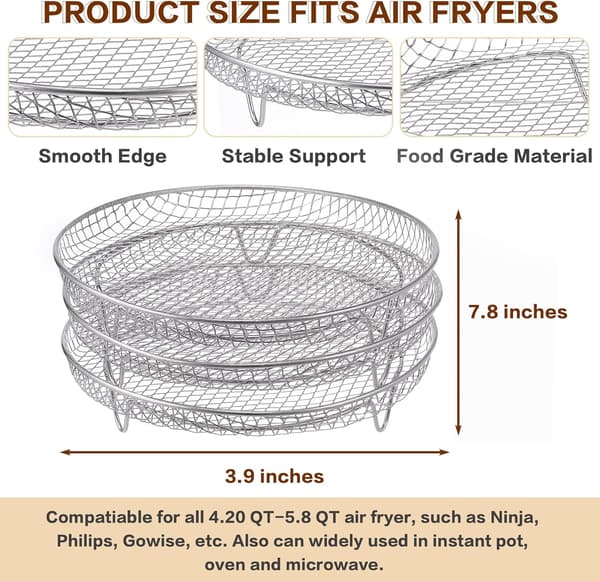 Kompatibelt 7-8 tommer Airfryer tilbehør 3 stabelbare stativer til Instant Vortex Nuwave Airfryer Ninja Foodi Grill 304 rustfrit stål Multi