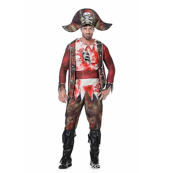 Halloween Piratkaptein Cosplay Kostyme Kostymer for Menn Karneval Scene Spill Blood Pirate Rollespill Antrekk Julfestkjole Høy Kvalitet XL