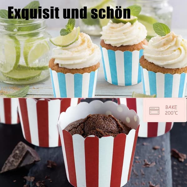Røde og blå stribede papir muffinsforme 100 stk. bageforme til cupcakes, fester, bryllupper, festivaler, bagerier