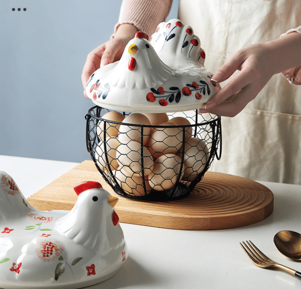 Kyllingdesign keramisk eggoppbevaringskurv jernkurv for 20-25 egg, eggholder, organizer, eggkurvholder