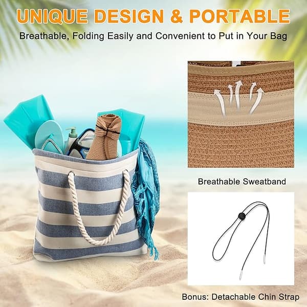 Foldbar Bredskygget Stråhat til Kvinder Sommer Off Shoulder Strand Solbeskyttelse Khaki