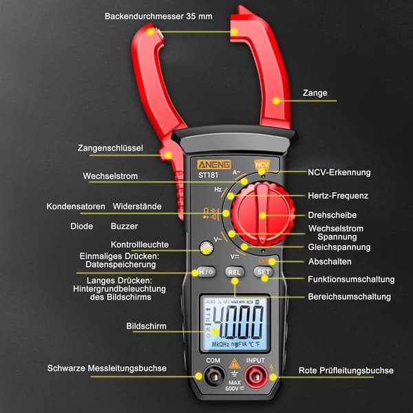 Digital AC Multimeter Clamp Meter DC AC Spänningsmätare Spänningstestare Hz Amperemeter NCV Ohm Test
