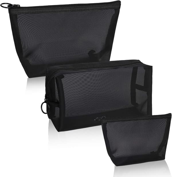 Mesh Kosmetikpose 3 Dele Rejse Toilettaske med Lynlås Makeup Organizer Tasker til Mænd og Kvinder (Sort)
