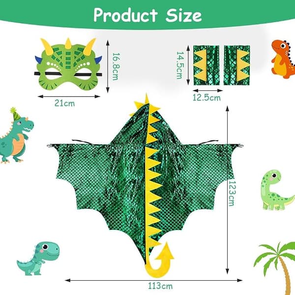Dinosaurkappe, dinosaur-karnevalskappe, karnevalskostyme for barn med maske, dinosaurkappe