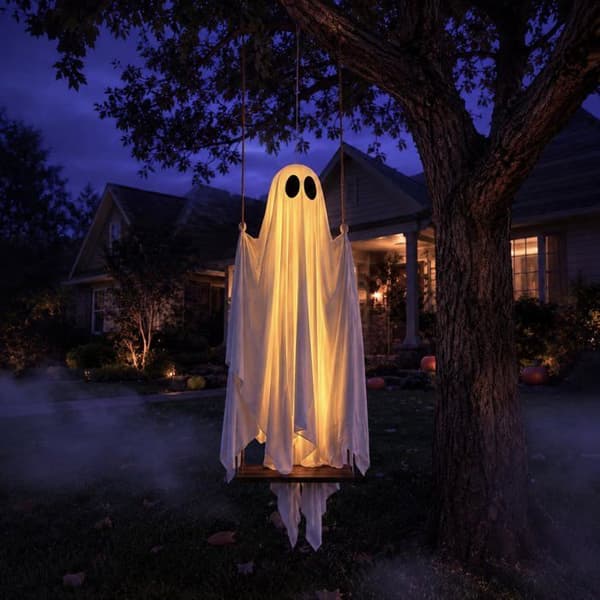 Large Halloween Hanging: Ghost on Swing (1.5 m / 5 ft), Pre-assembled (for Outdoor Use)
