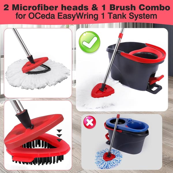 Moppehoved Erstatning 2-pak og 1 Skrubbebørste Combo til Ocedar Easywring 1 Tank System Mikrofiber Spin Mop Erstatningshoved Maskine