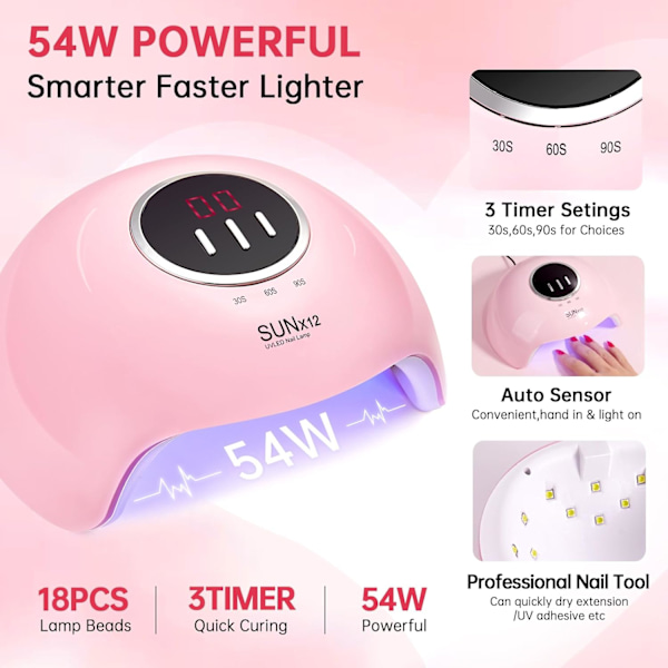 UV LED Neglelampe 54W Negletørrer Gel Polish Lampe 3 Timerindstillinger Professionel Hurtigtørrende Hærdningslampe med Display Auto Sensor, Pink