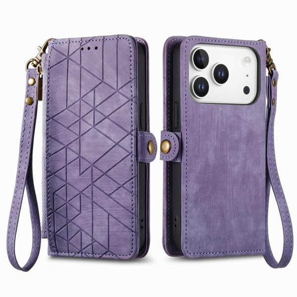 iPhone 17 Pro Max Skinnveske med geometrisk glidelås og sidespenne Purpur