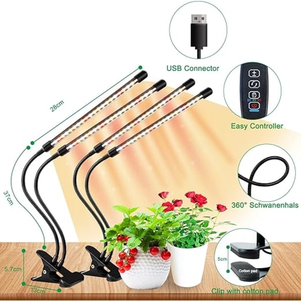 COKOLILA 2-pack LED Växtlampa - Fullspektrum Växtbelysning, Timer & 10 Ljusstyrkenivåer - Perfekt för Inomhusväxter [Energiklass A+++]