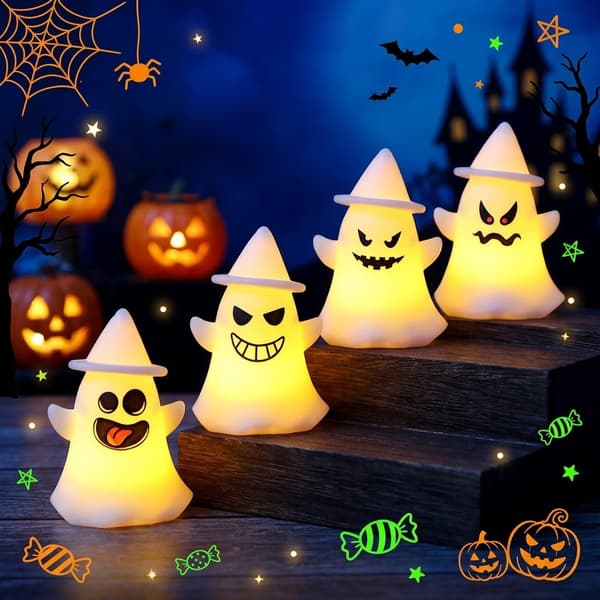 Søt spøkelsesnattlampe for barn, LED Halloween-dekorasjon med 4 ansiktsuttrykk B 6.8*5.5*9.9cm