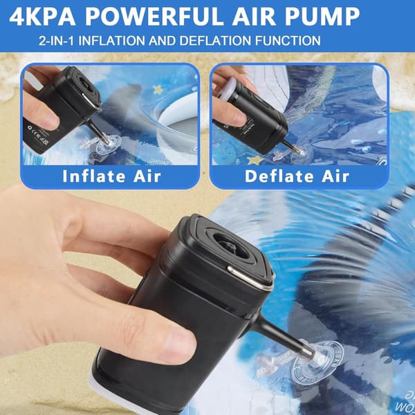 Genopladelig elektrisk luftpumpe 2400mAh - Bærbar oppuster/aftapper med 5 dyser - til poolflåder, luftmadrasser, camping - USB-C Sort
