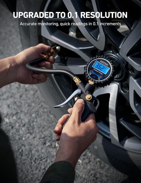 Digital dæktryksmåler 0,1-250 PSI Displayopløsning Tilbehør Kompressor Kraftig luftpatron Gummislange Hurtigkobling