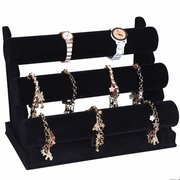 3-lags smykkeholder i velour, T-bar organizer (Sort)