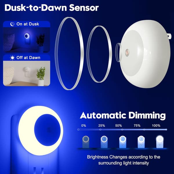 2-pakning LED nattlys med sensor for barnerom, automatisk fra skumring til daggry