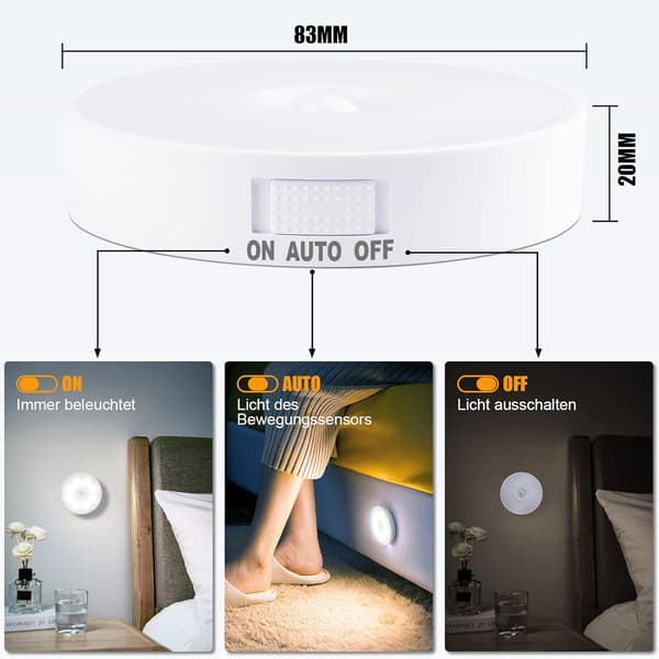 Forbedret bevegelsessensorlys [8 LED], Electight 3 ST Oppladbar nattlampe, 3M/120° deteksjonsområde, 3 moduser