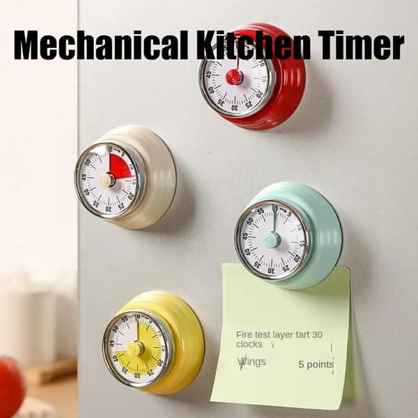 4 stk. mekanisk kjøkkentimer, visuell timer for barn, 60-minutters nedtellingstimer for matlaging, ingen batteri nødvendig, magnetisk timer for tid