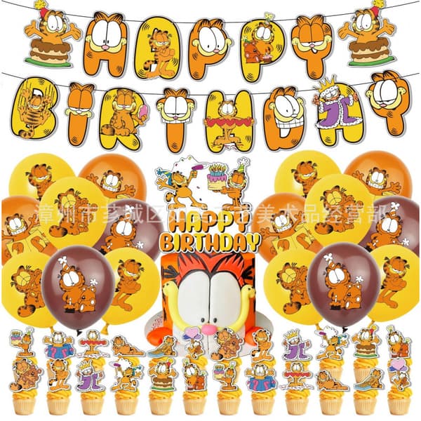 Garfield-tema Bursdagsfest Dekorasjonssett, Vimpelbanner Kaketopper og Ballonger for Barnefeiring C