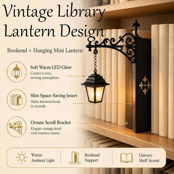 Book Lamp, Library Lantern Mini Bookshelf Lamp LED Bookshelf Lantern with Hanging Lantern, Warm Amber LED, Wireless, Slim Design Fits Between Books
