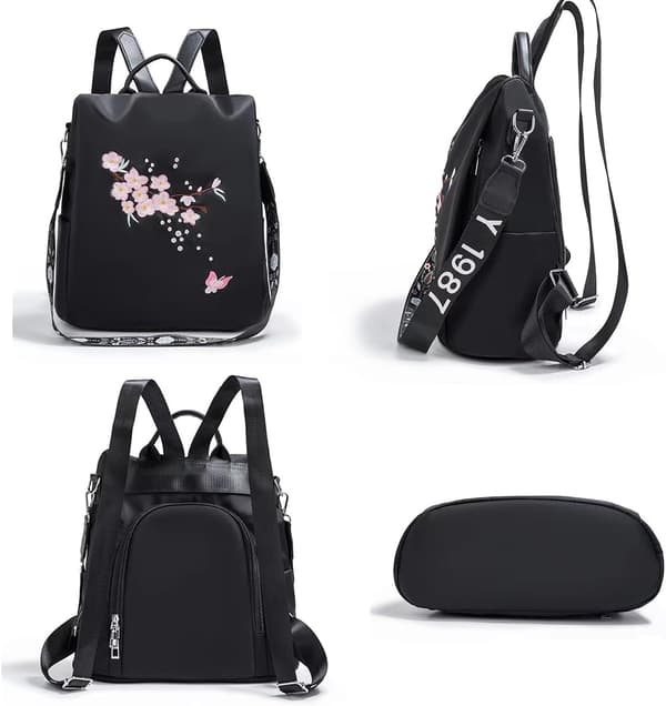 Elegant Dame Rygsæk Med Kirsebærblomstermønster Vandtæt Rejsetaske 32Cm Sort